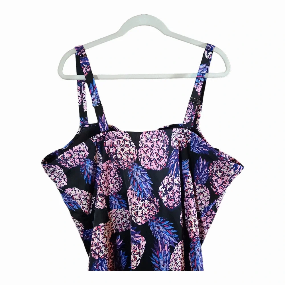 torrid Black One-Piece Swim with Purple Pineapple Print
